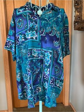 Vintage Alfred Dunner Women's 16 Blue Floral Short Sleeved Button Up Made in USA